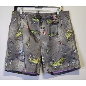Psycho Tuna Mens Size Large Reel Em In Charcoal Bass Fish Swim Trunks Shorts 32